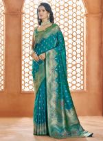 Banarasi Silk Teal Wedding Wear Weaving Saree